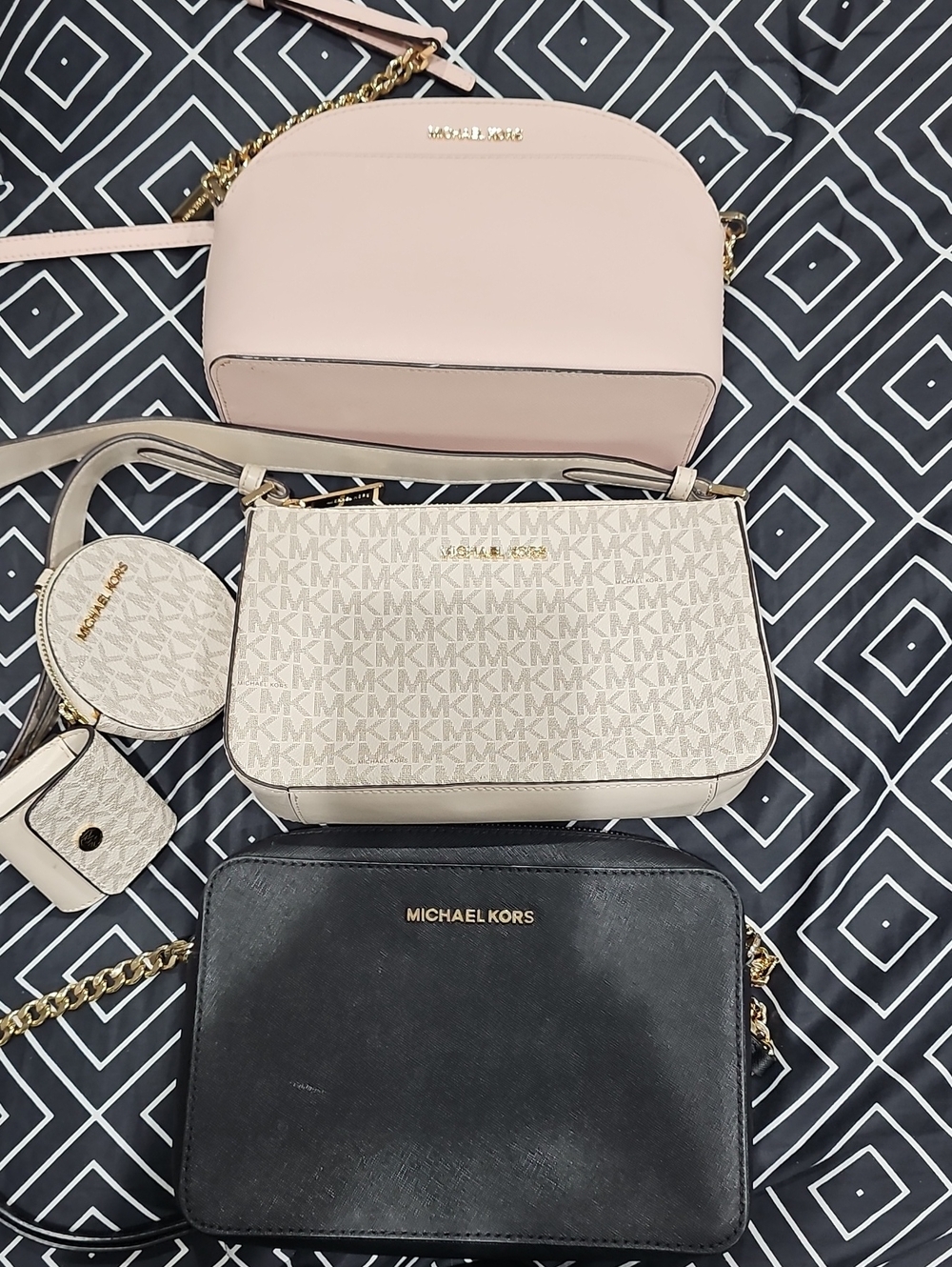 Michael Kors Pink, Beige & Black Crossbody Bag Trio with Gold Hardware